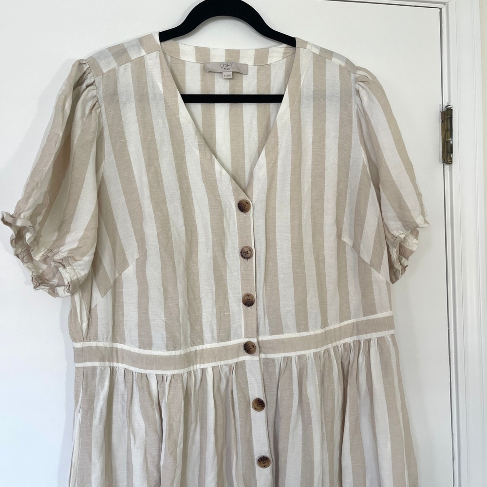 Loft Plus Tan White Coastal Striped Linen Blend ButtonFront Pocket Dress Size 18 - Picture 3 of 12